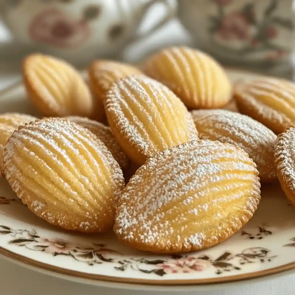 Golden, buttery Madeleine cookies with a soft, creamy texture, lightly dusted with powdered sugar, arranged elegantly on a plate in a cozy tea-time setting.