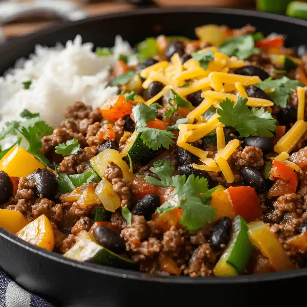 Ground beef stir-fry with bell peppers, zucchini, onions, black beans, and rice, topped with shredded cheddar cheese and garnished with fresh cilantro.